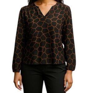 Banana Republic Soft Satin Smocked Animal Print Blouse in Brown and Black